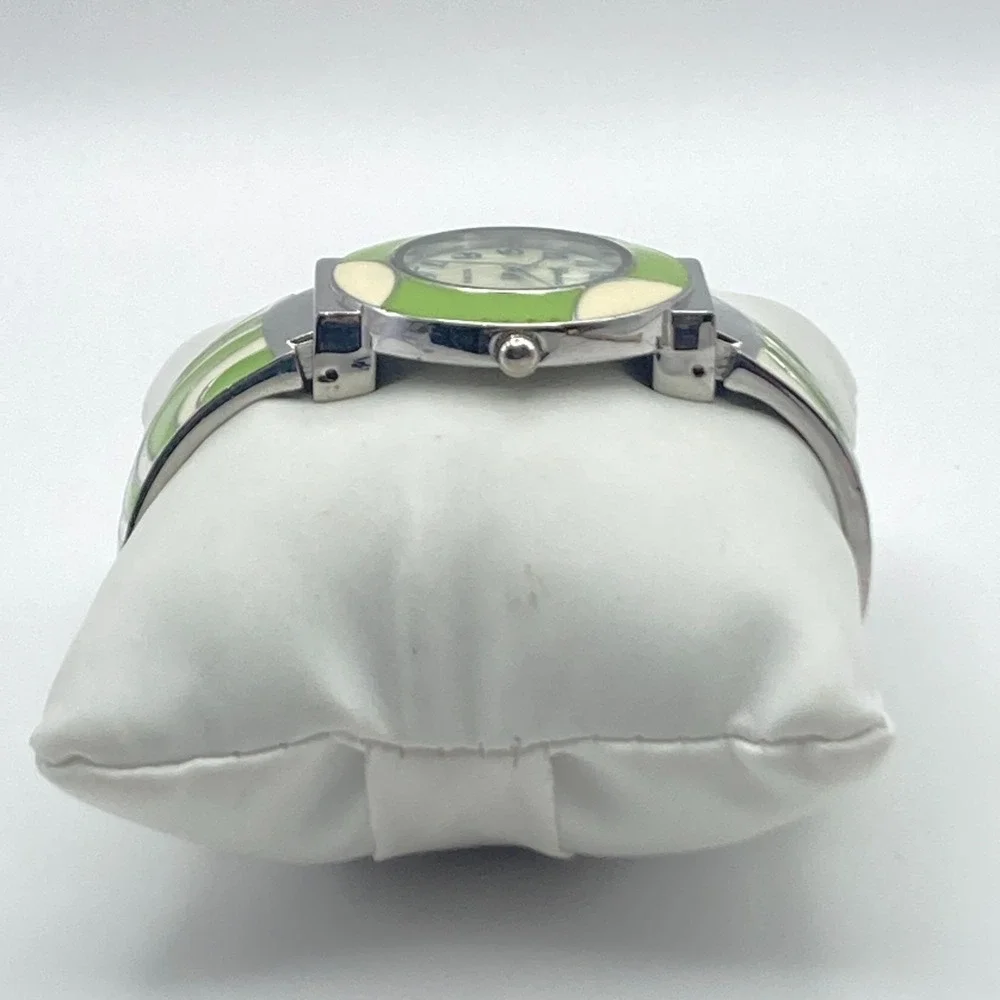 Geneva Women's Watch Silver Tone Green Enamel Look Cuff MOP New Battery SMALL 6